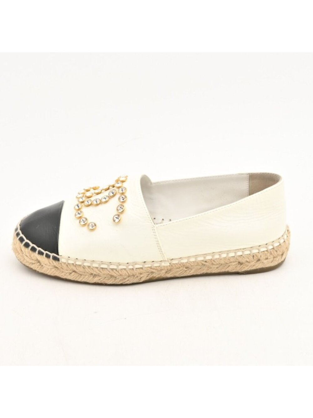Chanel Slip on Ivory Black Espadrilles Rhinestone CC Logo Leather